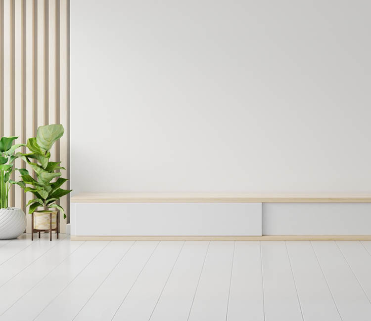 TV cabinet in a scandinavian decor living room.3d rendering