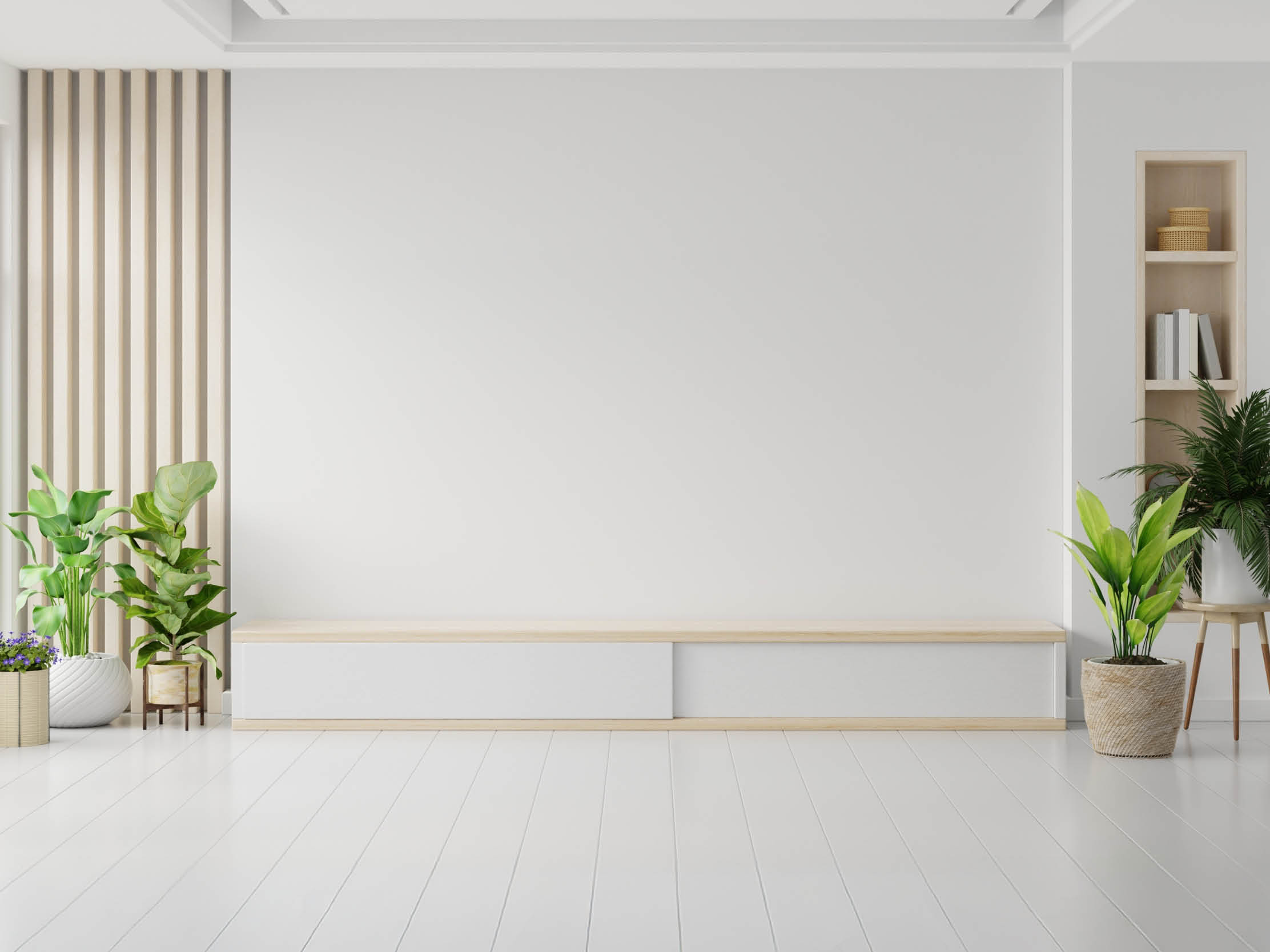 TV cabinet in a scandinavian decor living room.3d rendering