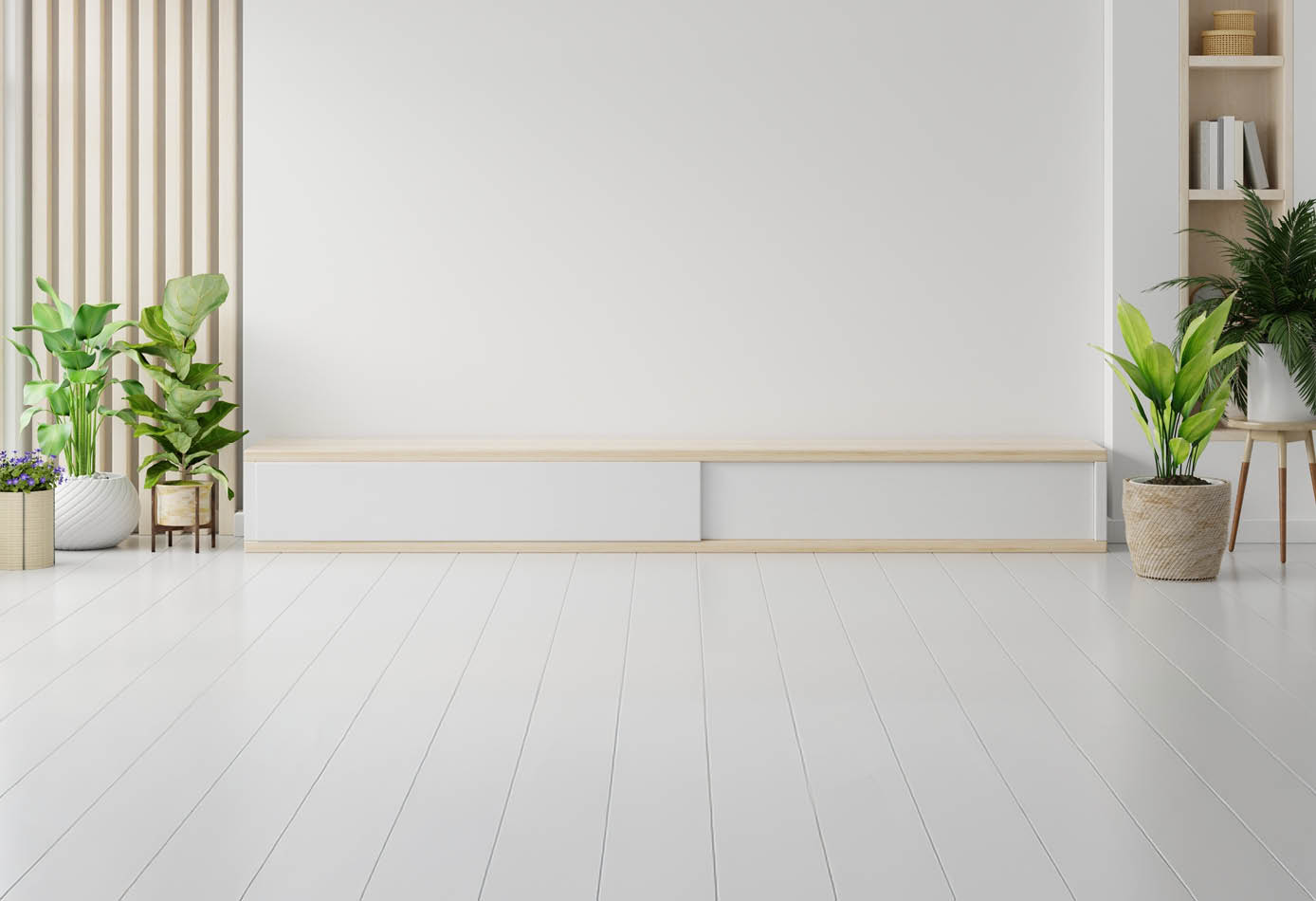 TV cabinet in a scandinavian decor living room.3d rendering