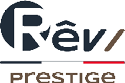 Le logo pr sente le mot “R v" en lettres stylis es avec une barre tricolore noire, blanche et rouge en dessous, suivi du mot "prestige" en lettres marron. Description g n r e par IA