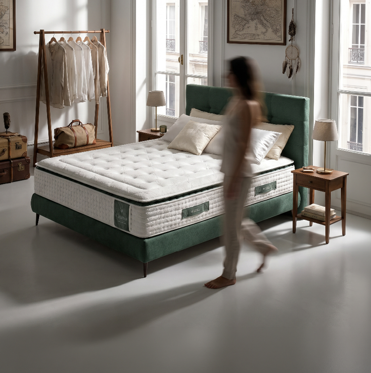 Une personne en v tements clairs marche dans une chambre lumineuse avec un lit vert, des coussins blancs, une table de chevet avec une lampe, un porte-v tements avec des chemises suspendues et un sac, ainsi qu'une grande fen tre donnant sur un b timent ext rieur. Description g n r e par IA